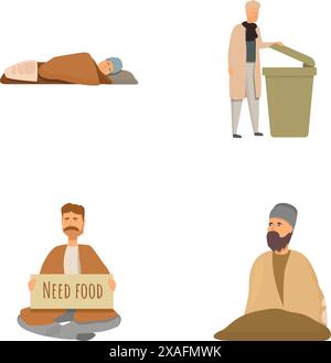 Sammlung von Vektorillustrationen, die verschiedene Obdachlose in urbanen Szenarien darstellen Stock Vektor