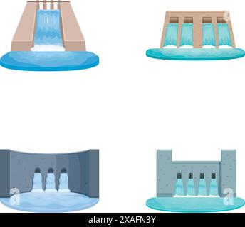 Satz von vier stilisierten Vektorillustrationen von Wasserkraftdämmen in verschiedenen Designs, isoliert auf weiß Stock Vektor