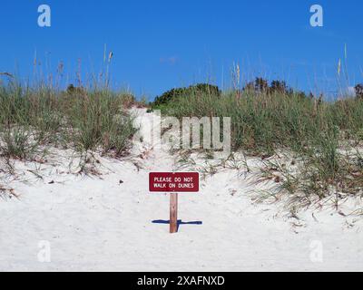Sanddünen mit Warnschild. Umweltschutz. Weitsicht. Stockfoto