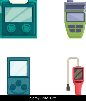 Sammlung von vier Retro-Handheld-Gadgets, darunter eine Spielkonsole und persönliche Organisatoren Stock Vektor