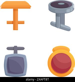 Sammlung von vier farbenfrohen Zeichentrickmöbeln, einem Holztisch, einem modernen Hocker, einer Seilbahn und einem runden Spiegel Stock Vektor