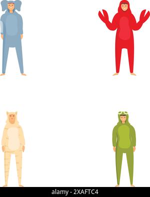 Set aus vier Zeichentrickfiguren, die niedliche Tier-Einteiler tragen, isoliert auf weiß Stock Vektor
