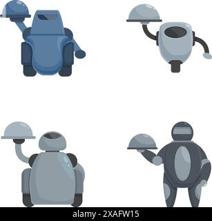 Sammlung von vier freundlichen Illustrationen für Roboter-Kellner in verschiedenen Posen, ideal für Technik- und Service-Themen Stock Vektor