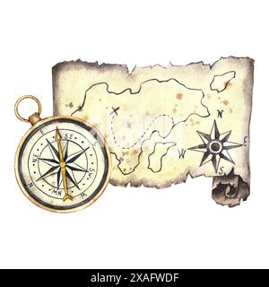 Schatzinsel. Antiker Kompass und alte Karte der Insel. Handgemachte Aquarellabbildungen. Das Thema ist Seereisen und Piraten. Für Banner, f Stockfoto