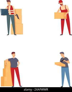 Sammlung von vier Illustrationen mit Liefermännern mit Paketen in verschiedenen Posen Stock Vektor