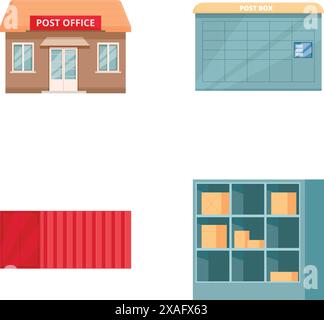 Set aus vier flachen Postsymbolen mit Postfach, Postfach, Paket und Postfächern Stock Vektor