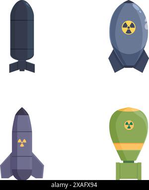 Set aus vier Cartoonstilen Atomwaffen und Bombenabbildungen, isoliert auf weißem Hintergrund Stock Vektor