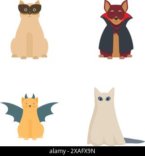 Festliche Cartoon-Kollektion halloween Cats mit niedlichen Katzenfiguren in gruseligen Kostümen und verspielten Illustrationen für Motto-Partys und trickreiche Feiern im oktober Stock Vektor