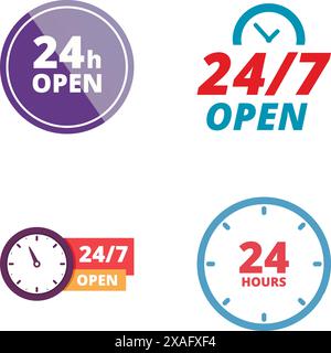 Vier Symbole symbolisieren 24-Stunden-nonstop-Services, die für Unternehmen geeignet sind, die kontinuierlich arbeiten Stock Vektor