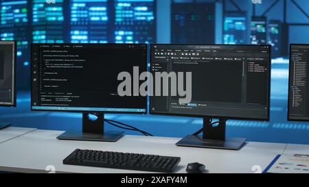 Codezeilen, die auf Computerbildschirmen im Rechenzentrum ausgeführt werden und zur Fehlerbehebung bei Rackeinbauten in Serverreihen verwendet werden. Nahaufnahme des Skripts, das auf PC-Monitoren arbeitet, Hardware aktualisieren Stockfoto
