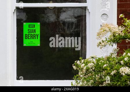 Brighton, Großbritannien. Juni 2024. Ein Vote-Sian-Berry-Poster ist im Fenster eines Hauses im Wahlkreis Brighton Pavilion abgebildet. Der Kandidat der Grünen, Sian Berry, ehemaliger Ko-Vorsitzender der Grünen, hofft, bei den Parlamentswahlen am 4. Juli als Nachfolger von Caroline Lucas gewählt zu werden, die jetzt zurückgetreten ist. Die Green Party hält seit 2010 den Brighton Pavilion ab. Quelle: Mark Kerrison/Alamy Live News Stockfoto