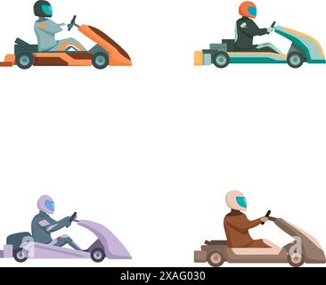 Vier farbenfrohe Illustrationen animierter Rennfahrer in verschiedenen gokart Fahrzeugen Stock Vektor