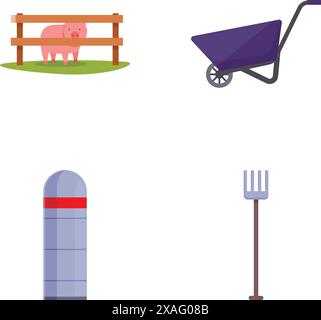 Sammlung flacher Symbole, die Elemente des Betriebs darstellen, darunter Schwein, Schubkarre, Silo und Heugabel Stock Vektor
