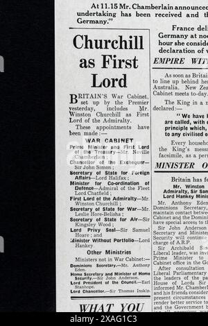 'Churchill as First Lord' Schlagzeile auf der Titelseite der Daily Mail (Replik) 4. September 1939, zum Ausbruch des Zweiten Weltkriegs. Stockfoto