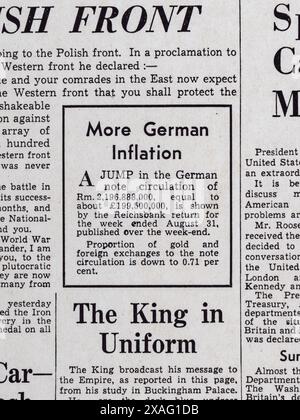 Schlagzeile „mehr deutsche Inflation“ in der Daily Mail (Replik) 4. September 1939, zum Ausbruch des Zweiten Weltkriegs. Stockfoto