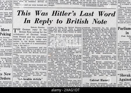 „This was Hitlers Last Word in response to British note“, Schlagzeile in der Daily Mail (Replica) vom 4. September 1939, über den Ausbruch des Zweiten Weltkriegs. Stockfoto