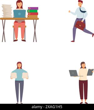 Vier Illustrationen, in denen Fachleute mit arbeitsbezogenen Artikeln aus verschiedenen Berufen dargestellt werden Stock Vektor