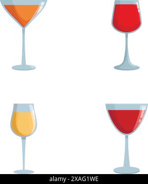 Vier Vektor-Illustrationen von Weingläsern mit verschiedenen Weinsorten, isoliert auf weißem Hintergrund Stock Vektor