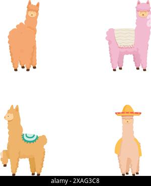 Sammlung von vier bezaubernden Comic-Lamas mit einzigartigen Accessoires und Stilen auf weißem Hintergrund Stock Vektor