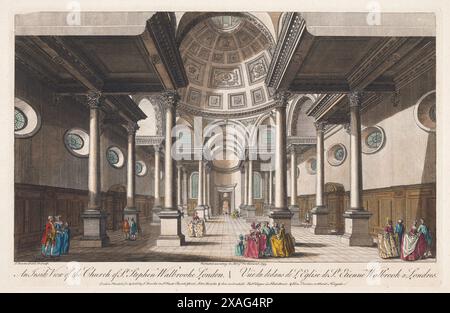 Ein gedruckter Farbstich einer Innenansicht der Church of St Stephen Walbrook London im Jahr 1753, Herausgeber Robert Sayer Printer, war Thomas Bowles Skyline aus dem 18. Jahrhundert und Stadtlandschaft aus historischer Perspektive Stockfoto