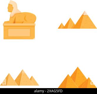 Sammlung von flachen Vektorsymbolen, die eine ägyptische Sphinx und Pyramiden in verschiedenen Stilen zeigen Stock Vektor
