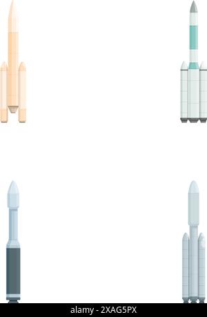 Sammlung von vier stilvollen Symbolen, die verschiedene Weltraumraketen auf weiß darstellen Stock Vektor