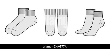 Langes Set mit Knöchelsocken. Mode Strumpfwaren Accessoire Kleidung technische Illustration Strumpf. Vektor-Vorderseite, Seitenansicht für Männer, Frauen-Stil, flache Vorlage CAD-Modell Skizze Umriss auf weißem Hintergrund Stock Vektor