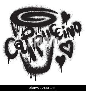 Kaffeetassen im Graffiti-Stil mit dem Wort „Cappuccino“ auf einem tassenförmigen Hintergrund. Vektorabbildung. Stock Vektor