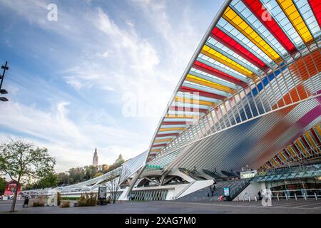 Bild vom Eingang des Bahnhofs Lüttich-Guillemins. Der Hauptbahnhof Lüttich ist der Bahnhof Lüttich-Guillemins, offiziell Lüttich-Guillemins Stockfoto