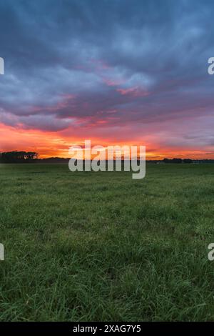 Ein atemberaubender feuriger Sonnenuntergang färbt den Himmel in leuchtenden Orange- und Rottönen mit einer dramatischen Wolkenlandschaft über einer riesigen grünen Wiese in den Niederlanden Stockfoto