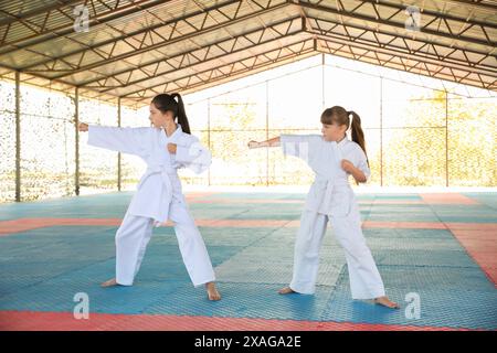 Kinder im Kimono, die Karate auf Tatami im Freien praktizieren Stockfoto