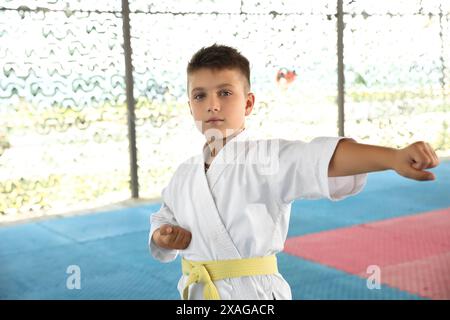 Ein Junge im Kimono, der draußen Karate auf Tatami übt Stockfoto