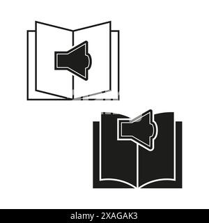 Audiobuchsymbole. Schwarz-weiß. Soundsymbol mit Buch. Moderne Vektorillustration. Stock Vektor