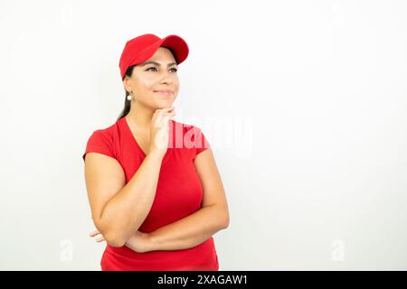 Foto einer jungen lächelnden, reizenden, selbstbewussten Frau mit gefalteten Händen, die professionell auf weißem Hintergrund lokalisiert ist Stockfoto