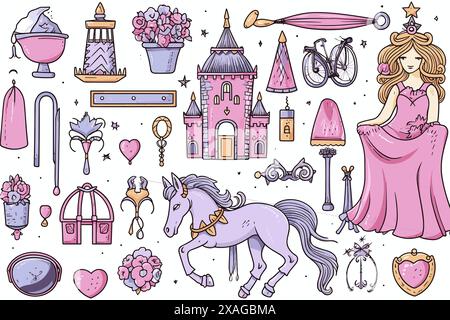 Elemente, die mit der Einhornprinzessin und dem Schloss in Pink zusammenhängen Stock Vektor