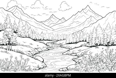 Einfache schwarz-weiße Skizze eines Gebirgsflusses vor der Kulisse der Berge Stock Vektor