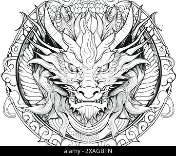 Eine einfache Zeichnung eines Drachen im Profil. Perfekt zum Färben oder Tätowieren. Chinesisches Thema Stock Vektor