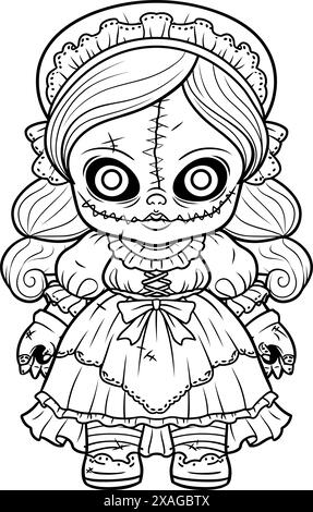 Puppe mit unheimlichem Ausdruck, gespenstische Gothic Horror Coloring Page, klare Linienzeichnung, starke Umrisse Stock Vektor