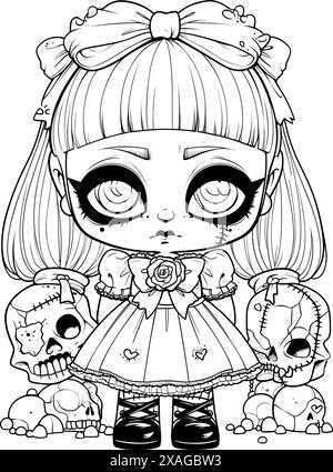 Puppe mit unheimlichem Ausdruck, gespenstische Gothic Horror Coloring Page, klare Linienzeichnung, starke Umrisse Stock Vektor