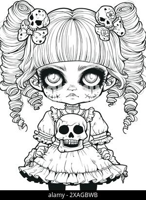 Puppe mit unheimlichem Ausdruck, gespenstische Gothic Horror Coloring Page, klare Linienzeichnung, starke Umrisse Stock Vektor