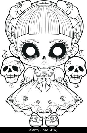 Puppe mit unheimlichem Ausdruck, gespenstische Gothic Horror Coloring Page, klare Linienzeichnung, starke Umrisse Stock Vektor