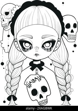 Puppe mit unheimlichem Ausdruck, gespenstische Gothic Horror Coloring Page, klare Linienzeichnung, starke Umrisse Stock Vektor