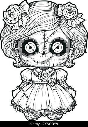 Puppe mit unheimlichem Ausdruck, gespenstische Gothic Horror Coloring Page, klare Linienzeichnung, starke Umrisse Stock Vektor