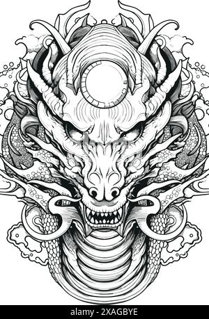 Eine einfache Zeichnung eines Drachen im Profil. Perfekt zum Färben oder Tätowieren. Chinesisches Thema Stock Vektor