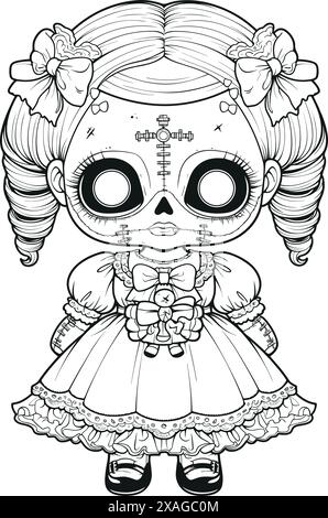 Puppe mit unheimlichem Ausdruck, gespenstische Gothic Horror Coloring Page, klare Linienzeichnung, starke Umrisse Stock Vektor