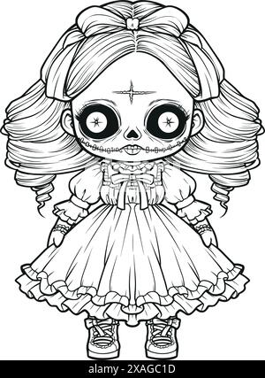 Puppe mit unheimlichem Ausdruck, gespenstische Gothic Horror Coloring Page, klare Linienzeichnung, starke Umrisse Stock Vektor