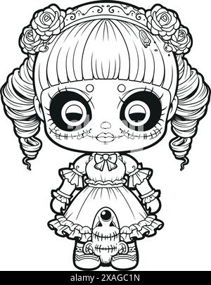 Puppe mit unheimlichem Ausdruck, gespenstische Gothic Horror Coloring Page, klare Linienzeichnung, starke Umrisse Stock Vektor