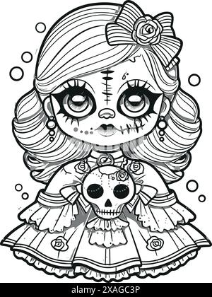 Puppe mit unheimlichem Ausdruck, gespenstische Gothic Horror Coloring Page, klare Linienzeichnung, starke Umrisse Stock Vektor