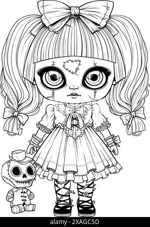 Puppe mit unheimlichem Ausdruck, gespenstische Gothic Horror Coloring Page, klare Linienzeichnung, starke Umrisse Stock Vektor