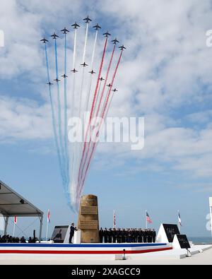 Während der Gedenkfeier des britischen Verteidigungsministeriums und der Royal British Legion am British Normandy Memorial zum 80. Jahrestag des D-Day am 06. Juni 2024 in Ver-Sur-Mer, Frankreich in der Normandie. Am 6. Juni 2024. Die D-Day-Zeremonien am 6. Juni dieses Jahres begehen den 80. Jahrestag seit dem Start der "Operation Overlord", einer gewaltigen Militäroperation der alliierten Streitkräfte in der Normandie. was den Zweiten Weltkrieg umkehrte und schließlich zur Befreiung des besetzten Frankreichs und zum Ende des Krieges gegen Nazi-Deutschland führte. Foto: Büro des französischen Premierministers/U Stockfoto